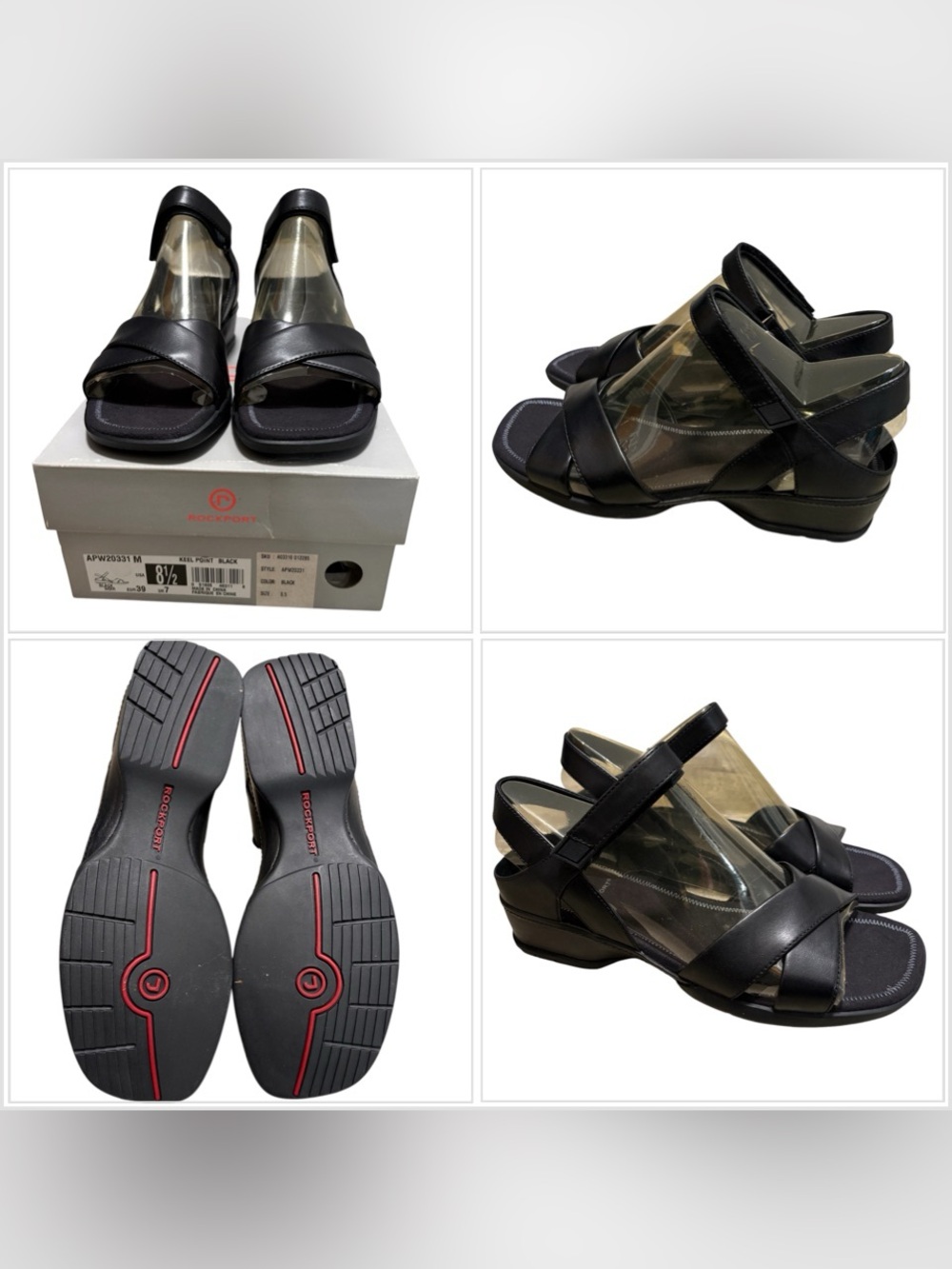 Women's Rockport 8.5 Shoes Sandals Leather Black Crisscross Strap Low Wedge Heel